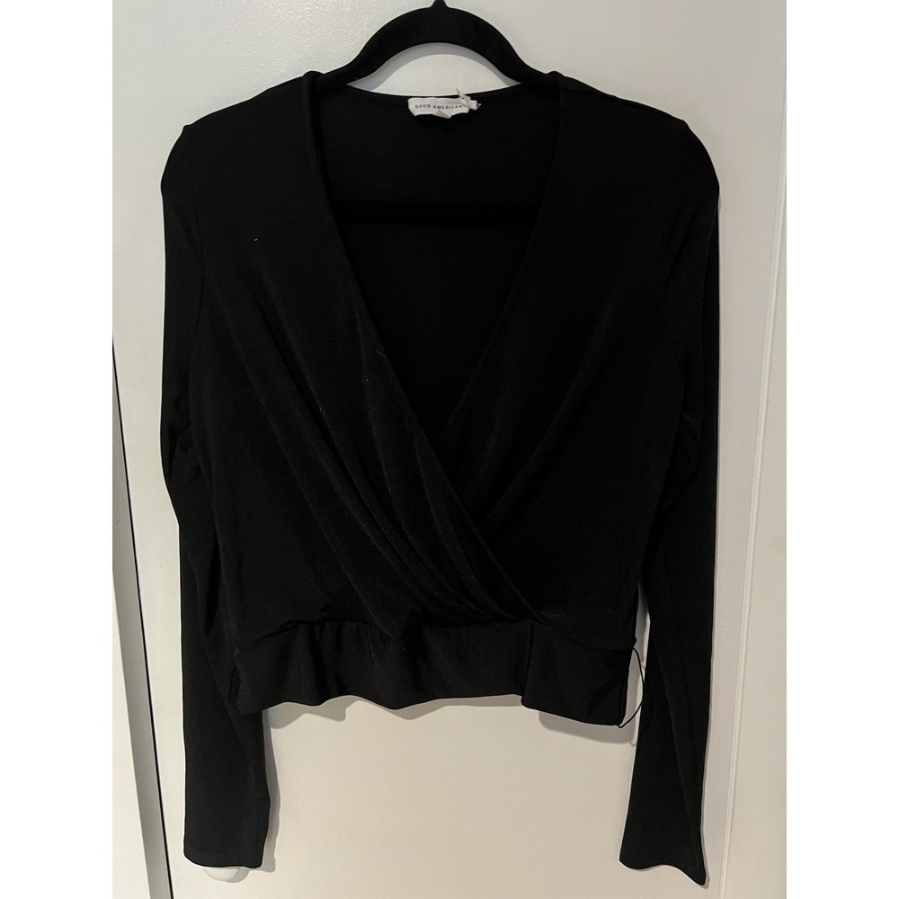 Good American Black Wrap Top Size 3 Long Sleeve Polyester Missing Tie